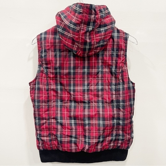 Hurley Red Plaid Puffer Vest Jacket Hooded Ribbed Knit Trim Women’s Large - Picture 2 of 10
